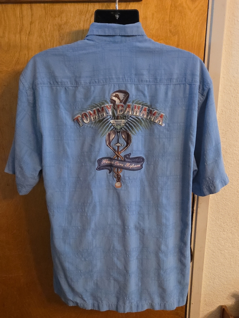 Tommy Bahama " Health Care Reform" Blue Hawaiian Button‎ Up Shirt Size LT